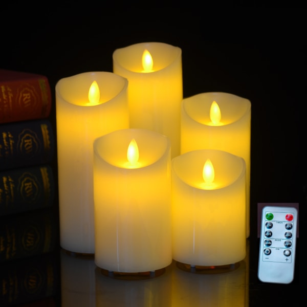 LED-stearinlys, sett med 5 julepyntlys (10 cm, 12,5 cm, 15 cm, 17,5 cm, 20 cm), flammeløst lys med fjernkontroll med 10 nøkkel, LED-flamme, laget av