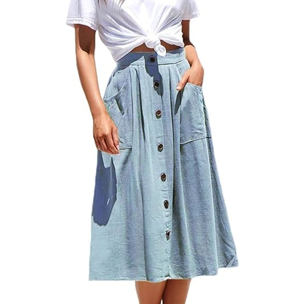 Kvinders midikjole Casual høj elastisk talje A-line midi chiffon nederdel med lommer (lyseblå, M)