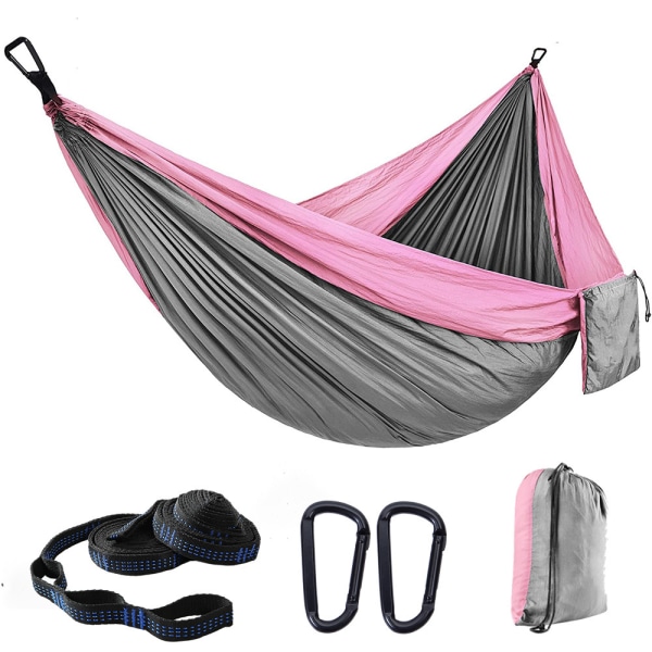 Ultra-Light Travel Camping Hammock | Kantavuus 200 kg, (270 x 140 cm) 2 x Premium-karabiinit, 2 x nylon Mukana Vaaleanpunainen vaaleanharmaalla