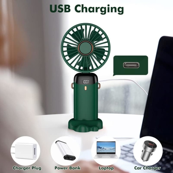 Håndholdt blæser, mini bærbar blæser USB genopladelig, lille lommeblæser 5 hastigheder med snor og base, USB skrivebordsventilator Foldbar grøn