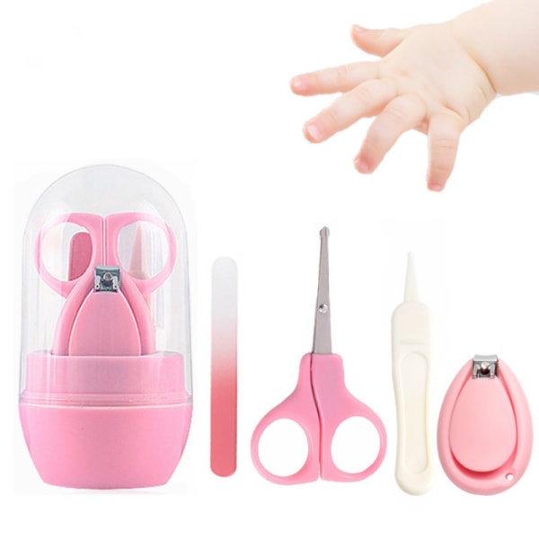 4-i-1 baby-negleklippersett pleiesett manikyrsett inkluderer negleklipper + hårsaks + pinsett + neglefiler - jenter og gutter (rosa)