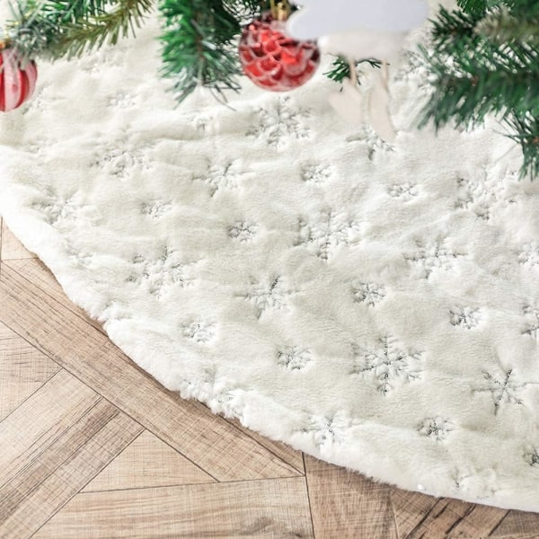 (122 cm Sølv Snefnug) Juletræsnederdel 78 cm Hvid imiteret Pels med Guld Pailletter Træmåtte Bundbetræk til hjemmefest Juletræspynt