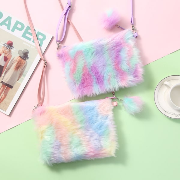 2 stykker 2 stilarter 9*6,5" Piger Børn Fluffy Plys Taske Plys Tie Dye Rainbow Crossbody tegnebog Pung Sød Børnehave Møntpung Mobiltelefontaske