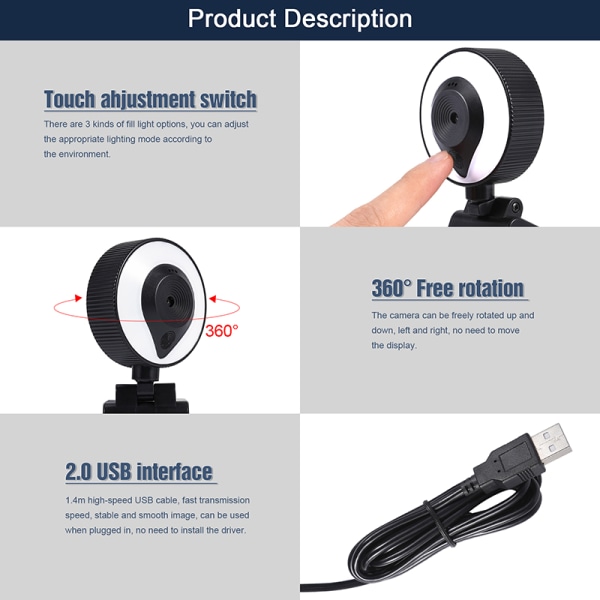 AutoFocus Beauty HD-mikrofon 4K 1080P LED-webkamera med ringlys Webcam-lys Skype Twitch Instagram Face Cam til udsendelse