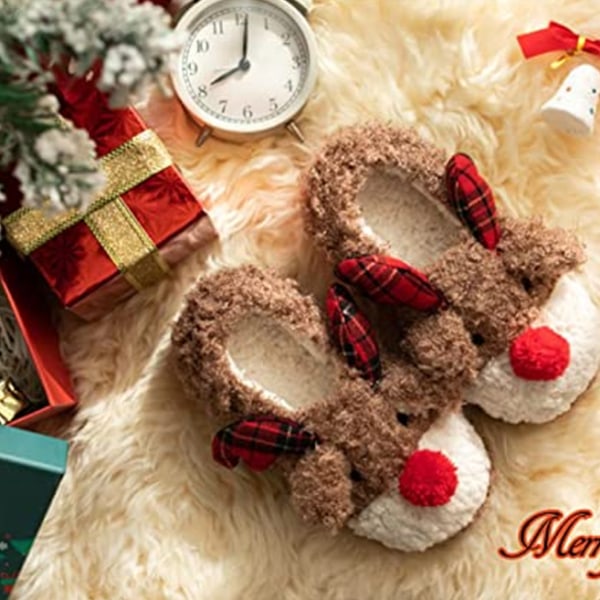 （3#）Varme, myke, håndlagde julesko for kvinner，Sklisikre innendørstøfler i bomull med honningkakehæl