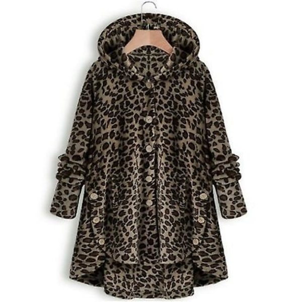 Lang plys frakke kvinders ensfarvet hættestrikket knapstrik Løs lange ærmer lang tyk sweater dark brown leopard print M