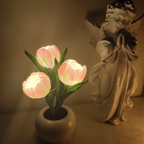 LED Tulip Blomsterpotte Lys Simulering Blomsterpotte Keramisk Lys Atmosfære Nattlys Dekorativ Ornament (rosa, 1 pakke)