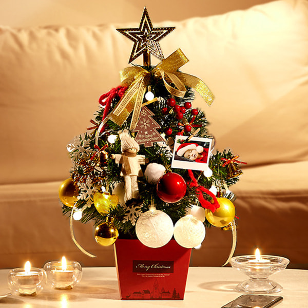 45 cm mini guld julgran, liten konstgjord bordsskiva julgran, med LED-lampor och julgransprydnader, juldekorationer för hemmet