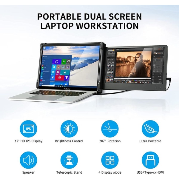 12 tommer bærbar skærmforlænger bærbar skærm, fuld HD IPS bærbar skærmforlænger med HDMI/Type-C/USB Plug and Play Laptop Monito
