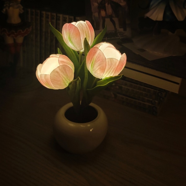 LED-tulipan-urtepottelyssimulering blomsterpotte Keramisk lysatmosfære-natlys dekorativ ornament (pink, 1 pakke)