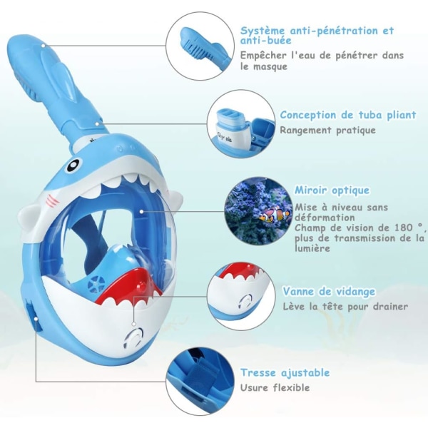 Blue Kids -sukellusnaamio Shark-sukellusnaamio, jossa snorkkeli, huurtumisenesto, vuodonesto, 180° Panorama Dry Top Easy Breathing System