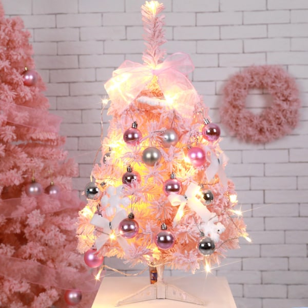 abletop juletre med kuler, kunstig julefuru, rosa mini juletre med LED-lys for barnerom Butikk Kontordekor-rosa 60