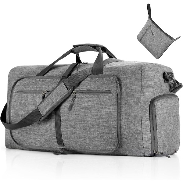 Foldbar duffeltaske til mænd Vandafvisende stor letvægts sportstaske Camping Vandreture Foldebar 65L (grå)