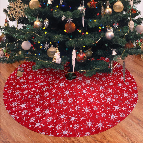 Snowflake juletræsnederdel 90 cm dobbeltlags klassisk træskørtmåtte til festdekoration, rød