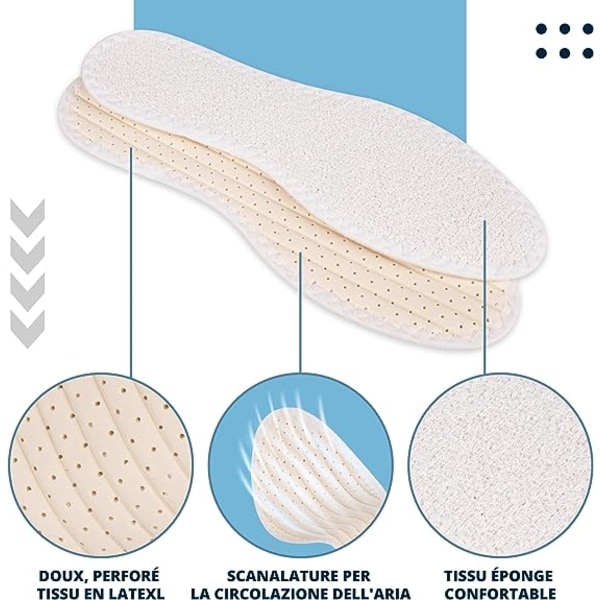 （30cm）Förpackning med 3 par barfota-inläggssulor i bomullsfrotté med latexdämpning, innersulor mot obehaglig lukt och bakterier