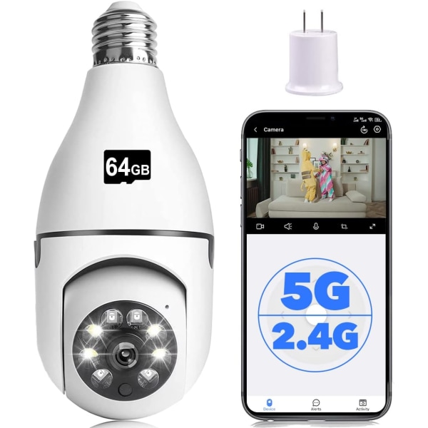 1080P lyspærekamera, trådløst 5GHz og 2,4GHz WiFi hjemmesikkerhetskamera 360° overvåkingskamera med bevegelsesdeteksjonsalarm Night Vision Light Socket