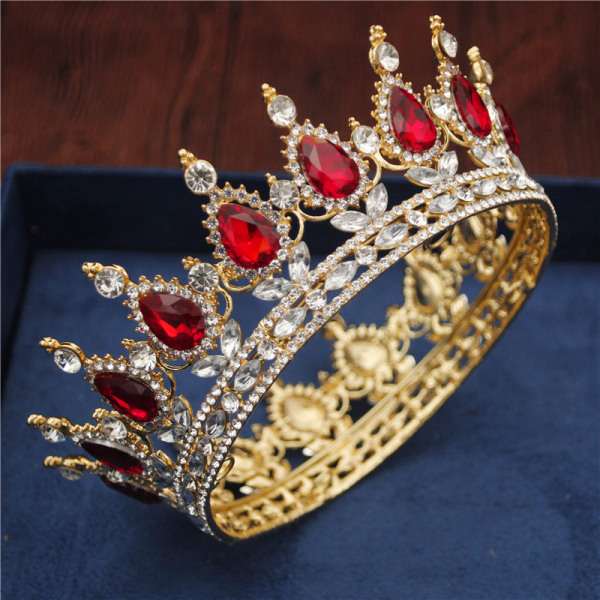 Crystal Vintage Royal Queen King Tiara och Crown Pageant Prom Crown Bröllopshåraccessoarer, röd