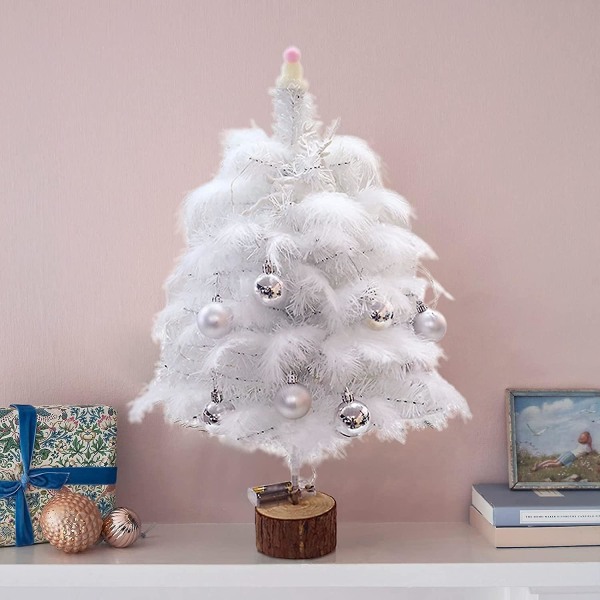 Förbelyst konstgjord minijulgran 45 cm Vit liten bordsskiva julgran med ljus och prydnadsföremål, skrivbordsjulgran för julfest De