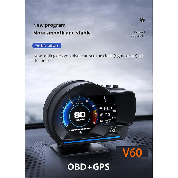 Auton V60 uusin ajotietokone Hud Obd2 Head Up -näyttö GPS-nopeusmittari 9 käyttöliittymänäyttö turbojäähdytysnesteen lämpötila obd-skanneri V60-English