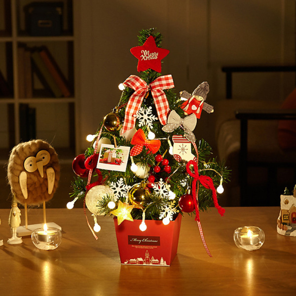 45 cm mini guld juletræ, lille kunstig bordplade juletræ, med LED lys og juletræspynt, julepynt til hjemmet