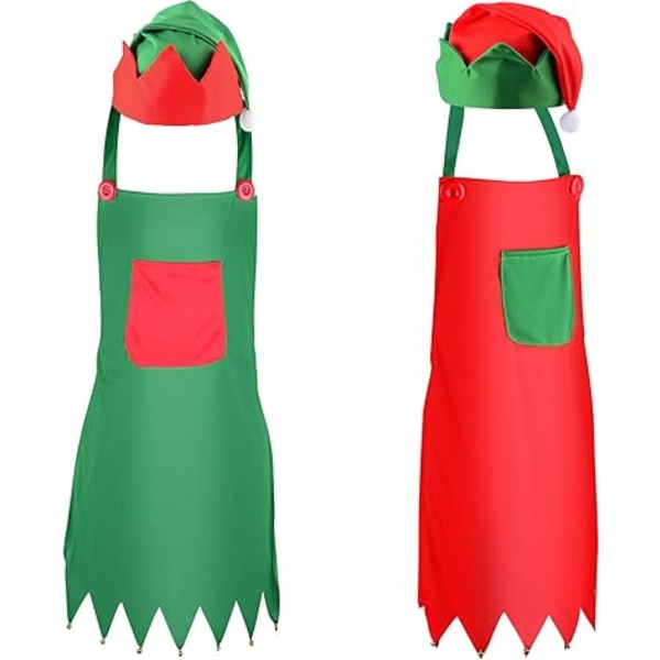 4 stykker jule-nissesæt inkluderer nisseforklæder og nissehatte til julefestkostume (rød og grøn)