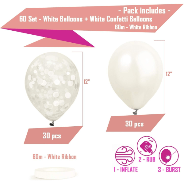 Pakkauksessa 60 valkoista ilmapalloa + valkoisia konfettiilmapalloja nauhalla | Lateksiilmapallot 12" | Hääilmapallot | Pyöreät ilmapallot | Valkoiset juhlakoristeet