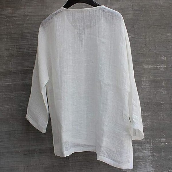 Herre bomuldslinned top åndbar komfort ensfarvet langærmet løs afslappet t-shirt (hvid, XL)