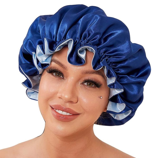 Sininen silkkihuppari luonnollisiin hiuksiin Naisten kuput, satiinipäällinen pitkille hiuksille nukkumiseen, iso vartalokääre