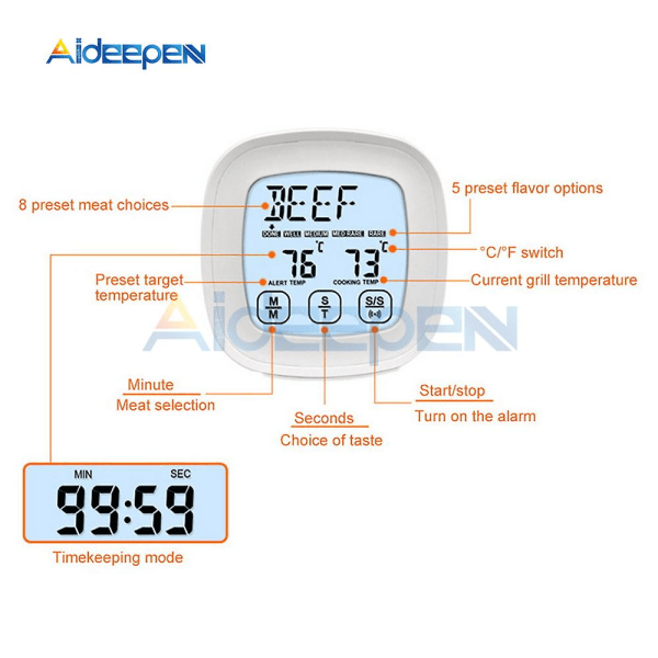 Digitalt kjøkkentermometer Rustfritt stålsonde Kjøttgrill Mat Temperatur Grill Matlagingsverktøy Alarm Sn124