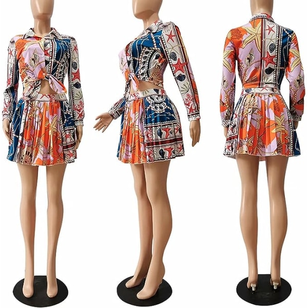 Naisten 2-osainen mekko, kukkainen pitkähihainen paita ja minilaskostettu set (oranssi, L)
