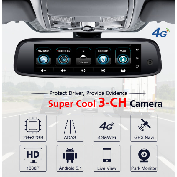 4G WiFi 3 Kamera 2+ 7,84' FHD 1080P Bakspejl Special Bracket Auto DashCam Android 5.1 ADAS Car DVR 32GB