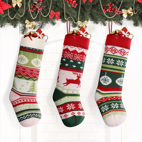 Store strikkede julestrømper sæt med 3, store rustikke julestrømper til familieferiepynt 50 * 15 CM, Grøn