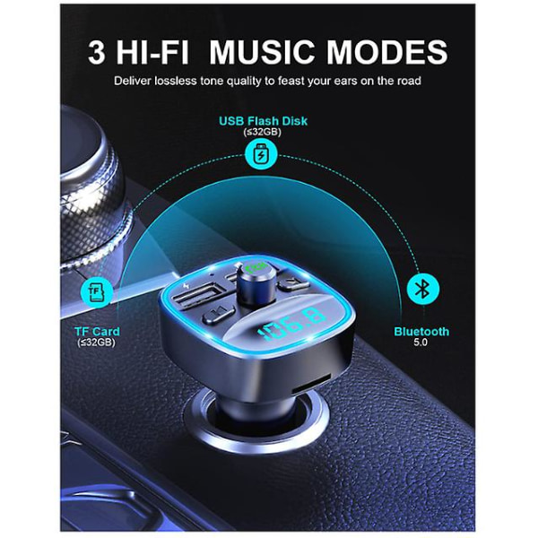 Bluetooth FM-sender for bil, Bluetooth biladapter MP3-spiller FM-sender, håndfri samtale, LED-skjerm, svart