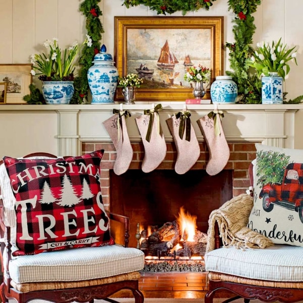 4 juleputetrekk 18x18 julepynt svart og rød bøffelpledd utendørs juleputetrekk Farmhouse Putetrekk for hjemmeinnredning