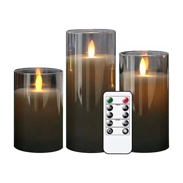 3 lasillisen LED-kynttilän set kaukosäätimellä, pylväikynttilät jouluksi, H10cm/ 12,5cm/ 15cm, LED elektroninen kynttilän lasi ravistava savuton Birt