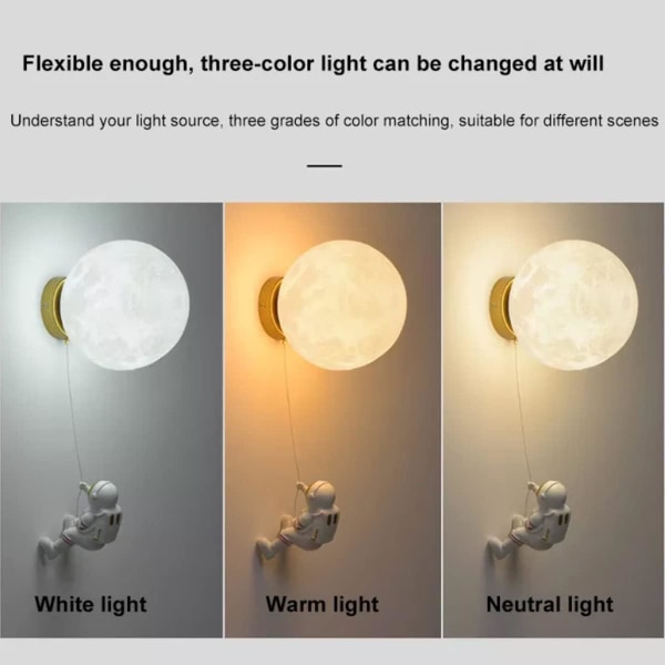 Indendørs væglampe (hvid)，Moderne væglampe 15CM，Måne- og astronautdesign LED-væglampe，Indendørs væglampe til børneværelse