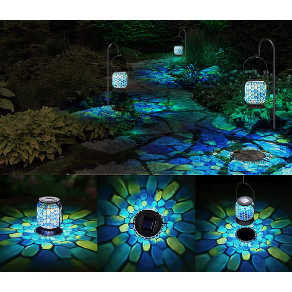 1 stk blå mosaikk solcellelys utendørs hengende lys, oppladbar utendørs terrasse hage vanntett nattlys dekorativ bordlampe