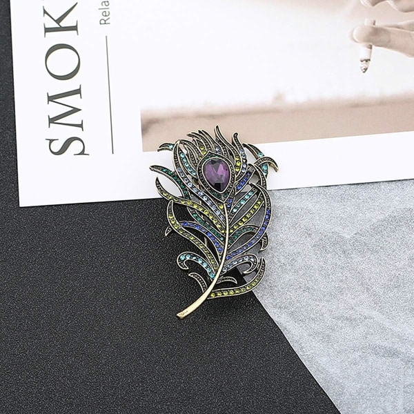 Kvinnor Vintage Peacock Feather Brosch Pins Simulerad Crystal Teardrop Feather Brosch