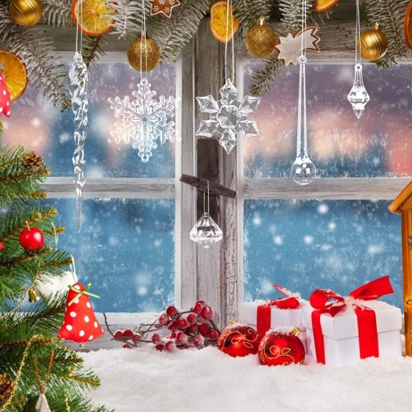 57 stycken Julhängsdekorationer, Dekorerad julgran, Julgransdekoration i akryl, Julgransprydnader Hängande hänge, Snöflinga