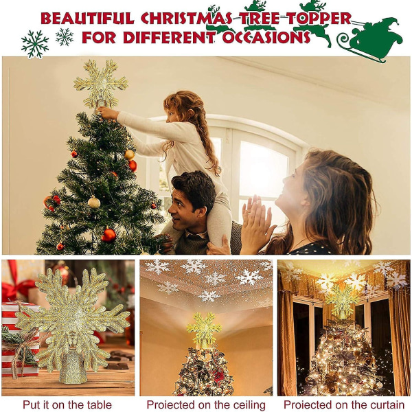 Led juletræ top projektionslys, træ lys, sneklædte fem-spidsede stjerne projektions lys, juletræ dekoration lys