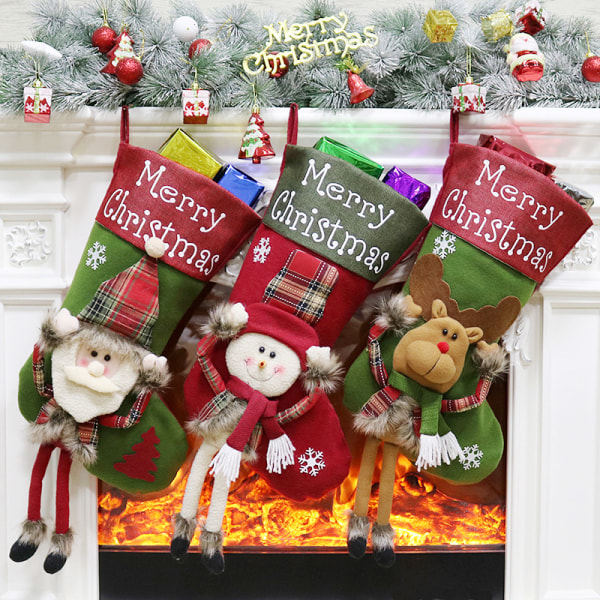 3stk julestrømper, stor julestrømpe, julegavepose, elg, snemand, julemandspynt, slikpose julepynt strømpe