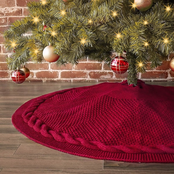 Juletreskjørt, 48 tommer tykk strikket kabel Rustikk juledekorasjon, Burgund