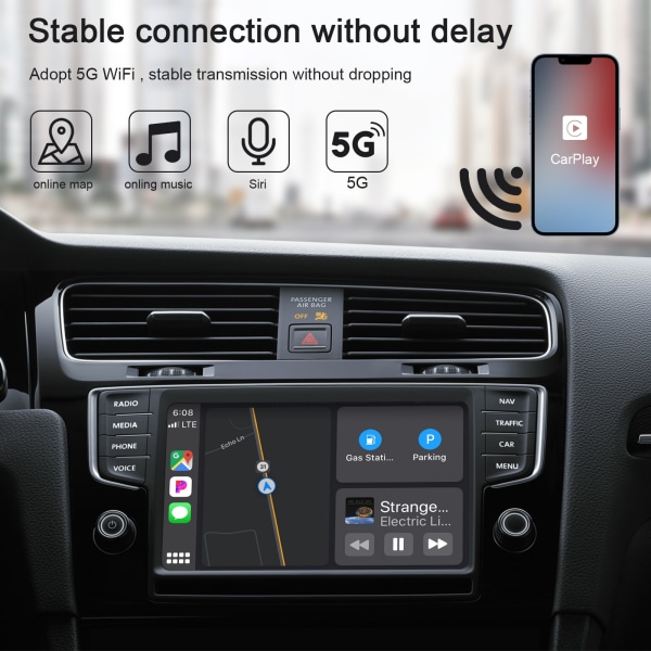 Langaton CarPlay-sovitin lPhonen langattomalle autosovittimelle, Apple Wireless Carplay -sovitin, Plug Play 5 GHz WiFi Online-päivitys, valkoinen