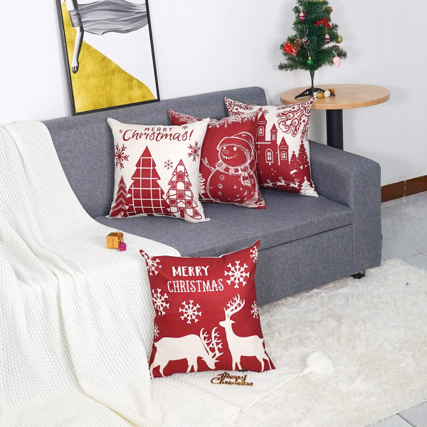 Sett med 4 putetrekk Christmas Snowman Beige rødt slottsmønster dekorativ sofa Putetrekk dekorasjon for soverom, sofa, stol, bil, seng, hage