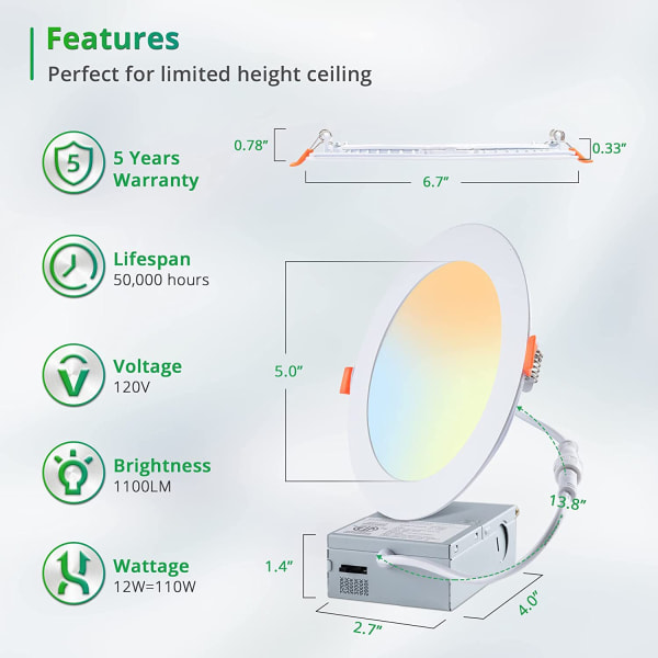 1 stk 4"9W 5-farger integrert ETL-sertifisert ultratynt led panellys kjøkken tak tyristor dimbar tofarget led panellys