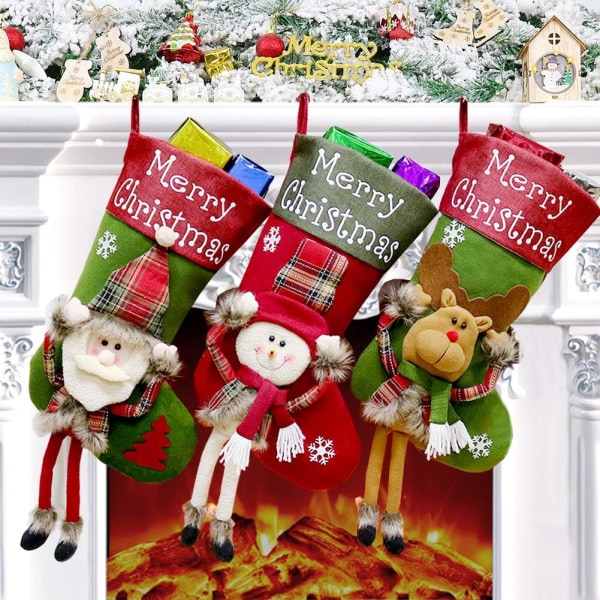 Julestrømpe, 3 stk julegavepose, store julestrømper med julenisse snømann og reinsdyr, hengende julestrømpe til peis Tre