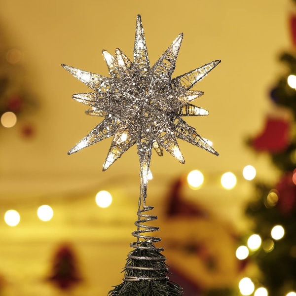 Silver Star Christmas Treet Treetop, Christmas Tree Topper LED-lys, Moravian Star Christmas Treet Glitrende Jern Treetop, Innendørs juledekorasjon