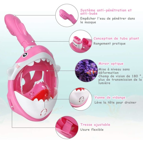 Pink Kids -sukellusnaamio Shark-sukellusnaamio, jossa snorkkeli, huurtumisenesto, vuodonesto, 180° Panorama Dry Top Easy Breathing System