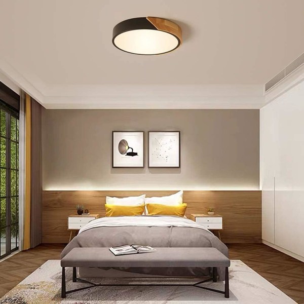 Sorte LED-taklys, 18W moderne taklys i tre, for soverom, kjøkken, stue, Ø30cm * 5cm, naturlig lys, 3000K varmhvit