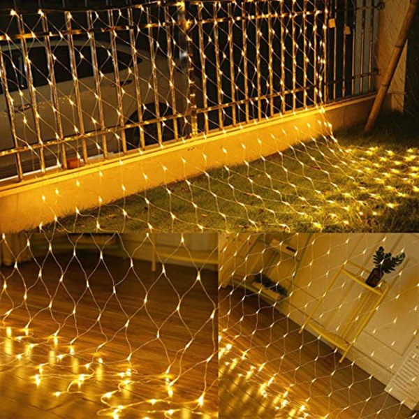 LED-lys fiskenett, utendørs vanntett dekorativt vegglys, stjernehimmel bryllupsfestlys, 8 typer lysmodus, 3 × 2 m gult lys